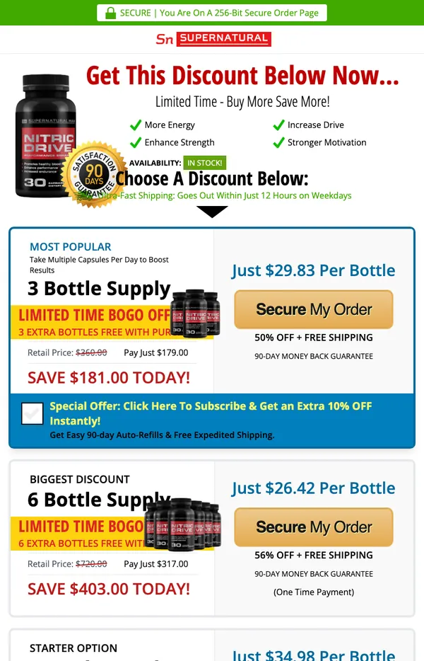 Nitric Drive checkout page with package selection